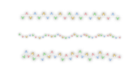 Colorful glowing Christmas light garland PNG with soft illumination. Perfect for festive borders, banners, decorations, holiday designs, and winter-themed compositions.