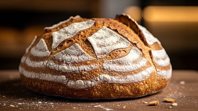 A freshly baked round loaf of crusty artisan sourdough bread dusted with flour on a wooden surface. - Powered by Adobe