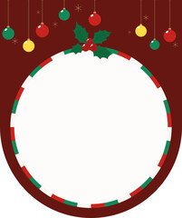 Festive holiday banner design: A circular empty space surrounded by colorful Christmas baubles and traditional red and white decorative elements.