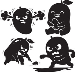 Cute Black Mango Fruit Cartoon Character Vector Set of Emotions.