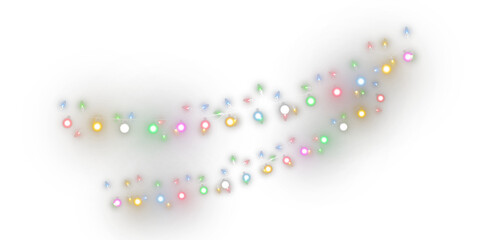 Colorful glowing Christmas light garland PNG with soft illumination. Perfect for festive borders, banners, decorations, holiday designs, and winter-themed compositions.