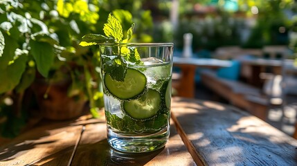 Refreshing cucumber mint water drink recipe for summer hydration and healthy lifestyle on wooden table