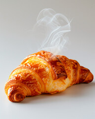Freshly baked croissant releasing visible steam on a clean background. Golden, flaky, buttery pastry in high detail.
