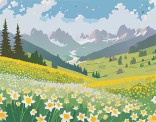 Alpine meadow with flowers.