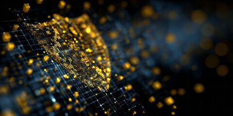 Illuminated digital shield composed of glowing data points hovers over a dark network grid.