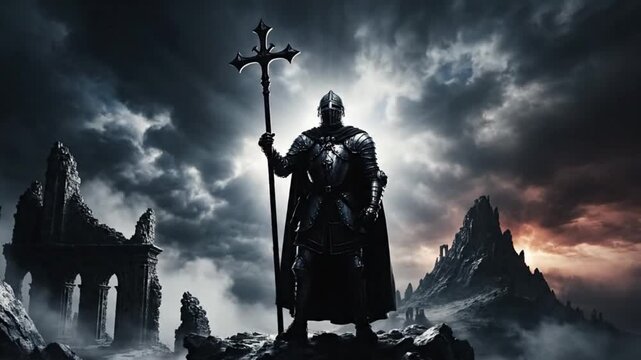 A knight templar standing heroically with a cross in a dramatic, dark landscape with ruins and mountains.