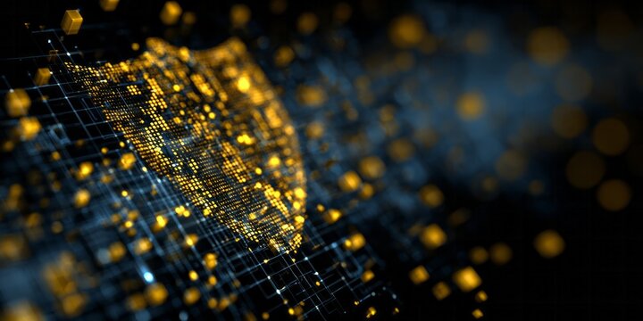 Illuminated digital shield composed of glowing data points hovers over a dark network grid.