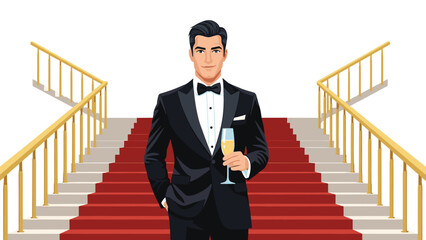 Elegant man in tuxedo holding champagne celebrates success on red carpet stairs, embodying style and achievement