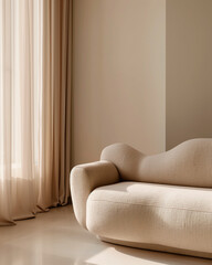 Soft beige sofa in warm sunlight beside flowing curtains. Minimal, elegant interior design