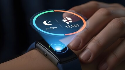 Close up of smartwatch projecting sleep and activity tracking hologram