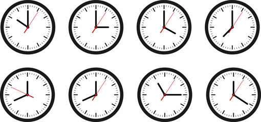 A collection of eight analog clocks showing different times