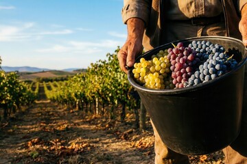 Close-up of a worker holding a black bucket filled with freshly harvested red, yellow, and dark blue grapes in a sunny, expansive vineyard on a clear day.