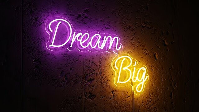 Purple and yellow neon sign displaying the motivational phrase dream big