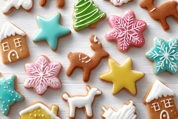 Cute Reindeer, Star, and House Shaped Cookies with Pastel Icing Pattern 