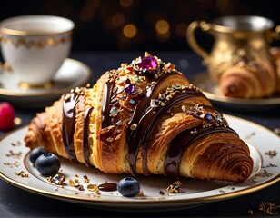 Decadent croissant with chocolate drizzle, blueberries, and glittering gems on a gold-rimmed plate, near a cup