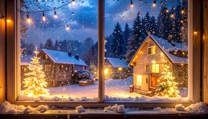 Cozy winter scene with snow-covered houses and illuminated trees viewed through a rain-streaked window