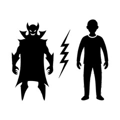 Black Silhouettes of Monster and Human with Lightning Bolt Symbol