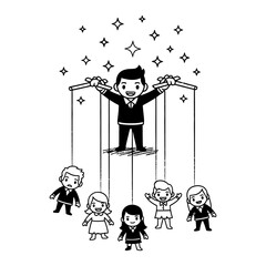 Monochrome Cartoon Illustration of Manager Controlling Team Members as Puppets