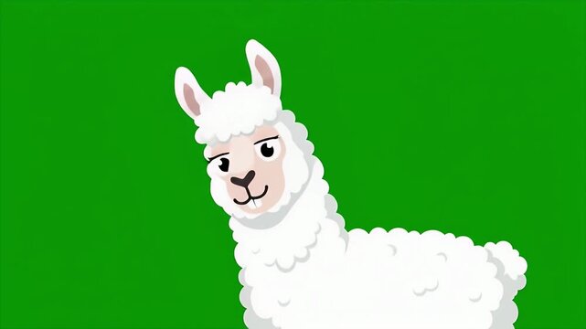 Animated White Llama Expressive Portrait On Green.