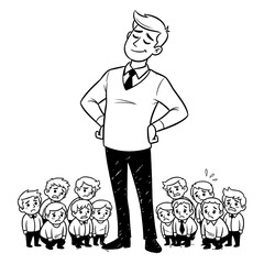 Monochrome Cartoon of a Confident Leader Towering Over Numerous Small Figures