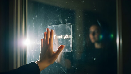 Close-up: Digital 'thank you' note held up to a window, symbolizing gratitude, social distance, and connection despite separation during the holidays.