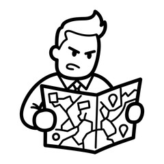 Cartoon Man with Bold Black Outline Puzzled by Navigation Map