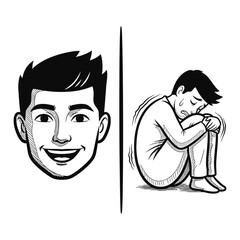 Monochromatic Vector Art Illustrating Contrasting Happy Face and Anxious Figure