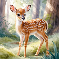 Adorable Fawn Standing Gracefully in a Sun-Dappled Forest