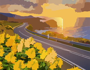 Coastal road during sunrise with blooming yellow rhododendron flower bushes on road side.