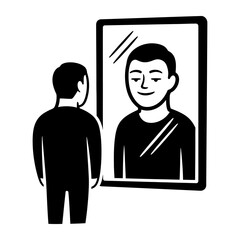 Minimalist Black and White Vector Illustration of Person Looking in Mirror
