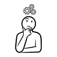 Black and White Sketchy Thinking Person with Gears Line Art