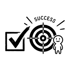 Black and White Hand-Drawn Icons of Success Goals and Happy Person