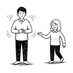 Hand-drawn Monochrome Illustration of People Greeting on White