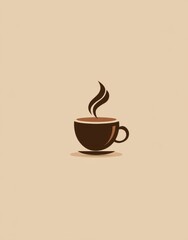 Obraz premium A minimalist illustration of a steaming cup of coffee on a saucer against a muted beige background. The design is simple, focusing on the essential form of the cup and the rising steam