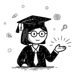 Monochrome hand-drawn illustration of a gesturing graduate with educational symbols.