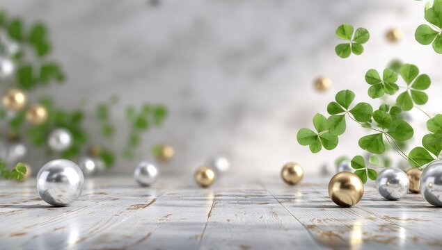 A minimalist scene features gold and silver spheres scattered on a light wood surface, with floating four-leaf clovers and greenery against a muted gray background