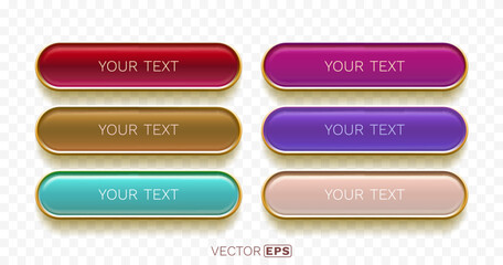 Set of glossy, colorful web buttons with golden borders, ideal for user interface design.