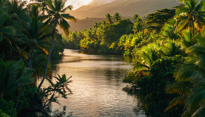 Lush Tropical River Scene at Sunset with Palm Trees.