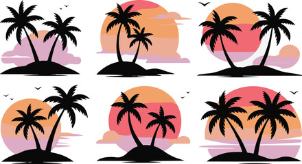 Fototapeta premium Tropical island silhouettes with palm trees and vibrant sunset sky