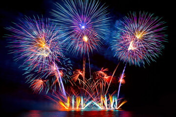 colourful firework display set for celebration happy new year and merry christmas and  fireworks on black background