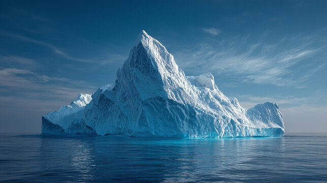 Majestic iceberg floating serenely on the ocean's surface under a blue sky. The massive ice formation gleams and glistens in the sunlight, creating a stunning visual display - Powered by Adobe