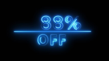 Neon 88% discount offer illustration. Neon percent offer on black background. Neon sale discount offer.