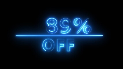 Neon 89% discount offer illustration. Neon percent offer on black background. Neon sale discount offer.