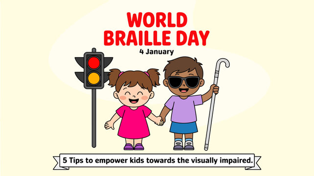 World braille day illustration featuring two happy children, one visually impaired with a cane, near a traffic light, promoting awareness