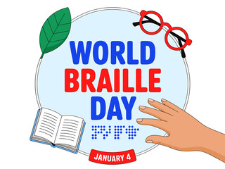 World braille day celebration graphic featuring text, braille dots, reading glasses, a hand, a leaf, and an open book isolated on