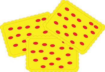 Simple graphic illustration of three yellow snack crackers with red holes overlapping food design element isolated on transparent background, Vector