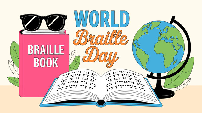 Illustration celebrating world braille day with a braille book, dark sunglasses, and a globe representing global awareness and accessibility for the visually impaired