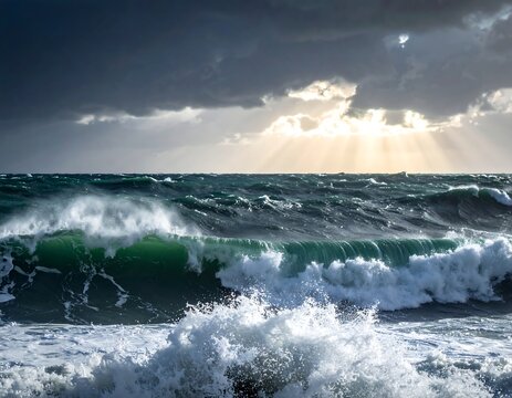 Dramatic seascape with crashing waves, sunrays piercing through storm clouds over the turbulent ocean - Powered by Adobe