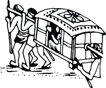 Traditional hand-carried palanquin with bearers, vintage line art illustration on white background isolated on transparent background, Vector