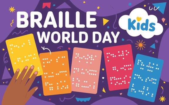Illustration celebrating world braille day with colorful braille cards and a hand touching one, promoting literacy for visually impaired children - Powered by Adobe